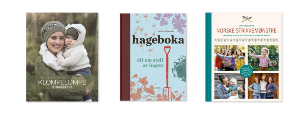 Bilde av bokcover klompelompe, hageboka og norske strikkemønstre
