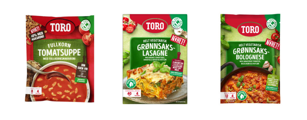 Bilde av matnyheter fra toro, fullkorn tomatsuppe, grønnsakslasagne og vegetarisk Grønnsaksbolognese